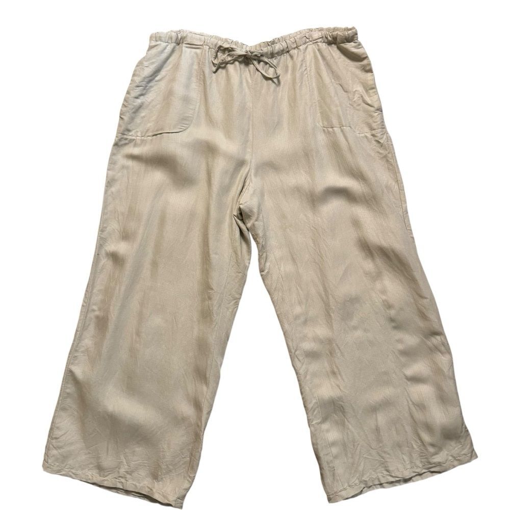 Chico’s Wide Leg Linen Blend Tan Drawstring Elastic Waist Pants Size 3 XL